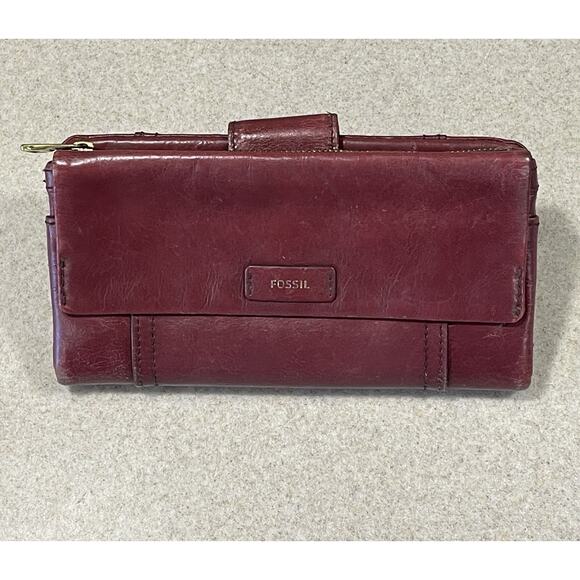 Fossil Ellis Leather Double Sided Folding Clutch Large Wallet-Raspberry - Picture 1 of 16